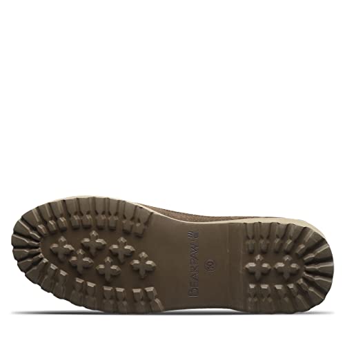 The image displays the bottom view of the BEARPAW Nick Boots - Mens, featuring a durable brown sole with a rugged texture for traction and the BEARPAW logo embossed at the center, highlighting both style and durability.