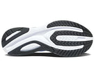The image shows the sole of the Saucony Omni 20 Running Shoe - Mens, with a black and white rubber tread and textured grooves for grip. Curved lines add flexibility and support, while PWRRUN cushioning delivers comfort for stability running.