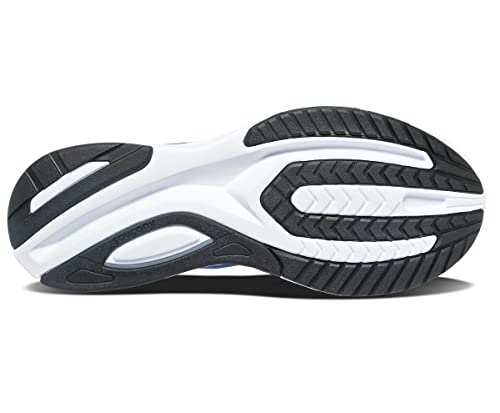 The image shows the sole of the Saucony Omni 20 Running Shoe - Mens, with a black and white rubber tread and textured grooves for grip. Curved lines add flexibility and support, while PWRRUN cushioning delivers comfort for stability running.