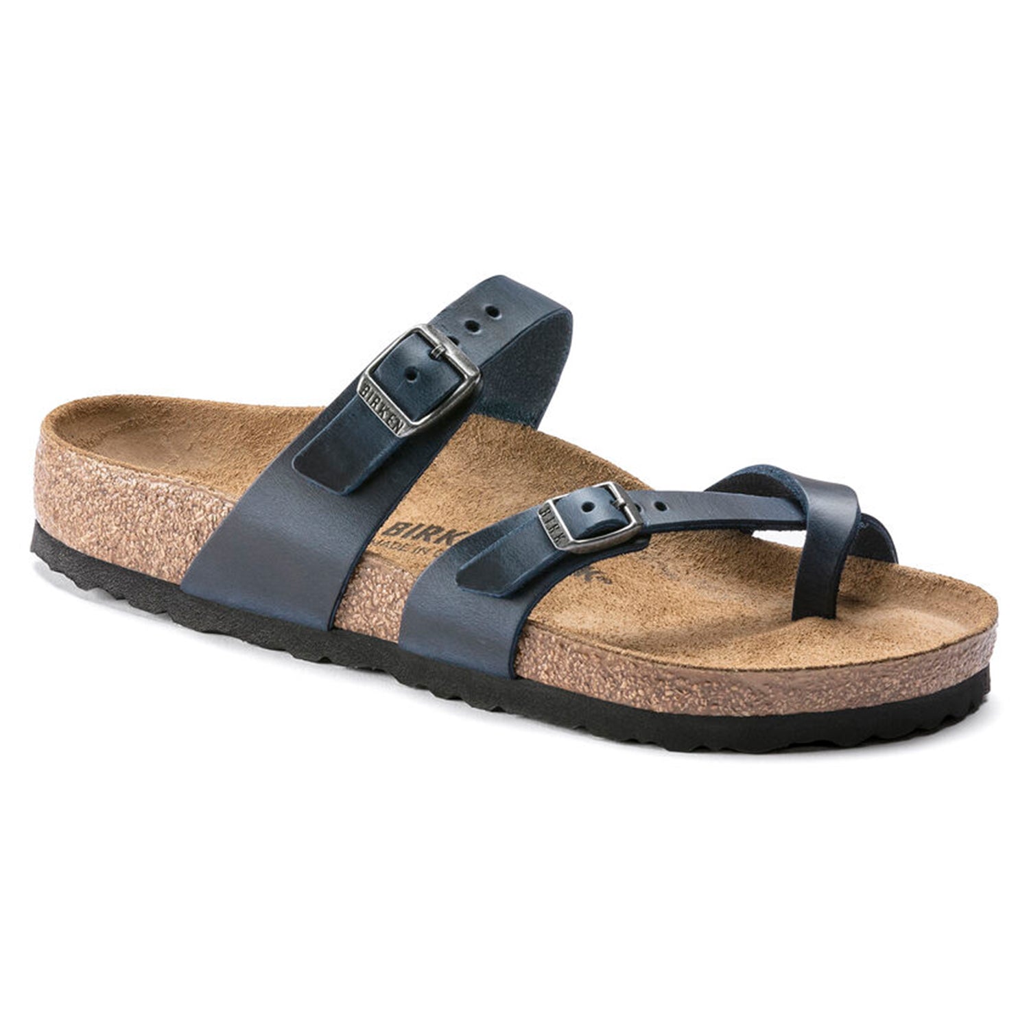 The Birkenstock Mayari Oiled Leather sandal for women features a blue color, two adjustable straps with buckles, a cork contoured footbed, and a black rubber sole.