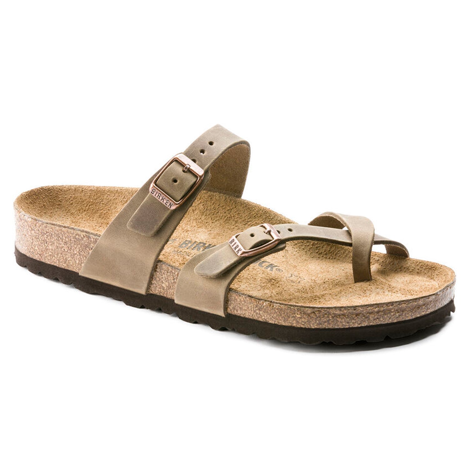 A single Birkenstock Mayari Oiled Leather sandal for women in tobacco brown, featuring a contoured cork footbed, two adjustable buckle straps, and a dark rubber sole, shown on a white background.