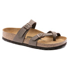 The Birkenstock Mayari Oiled Leather sandal for women in Mocha features a contoured footbed, cork sole, black rubber outsole, two adjustable buckle straps with a toe loop, and is shown on a white background. Inspired by the classic Birkenstock design.