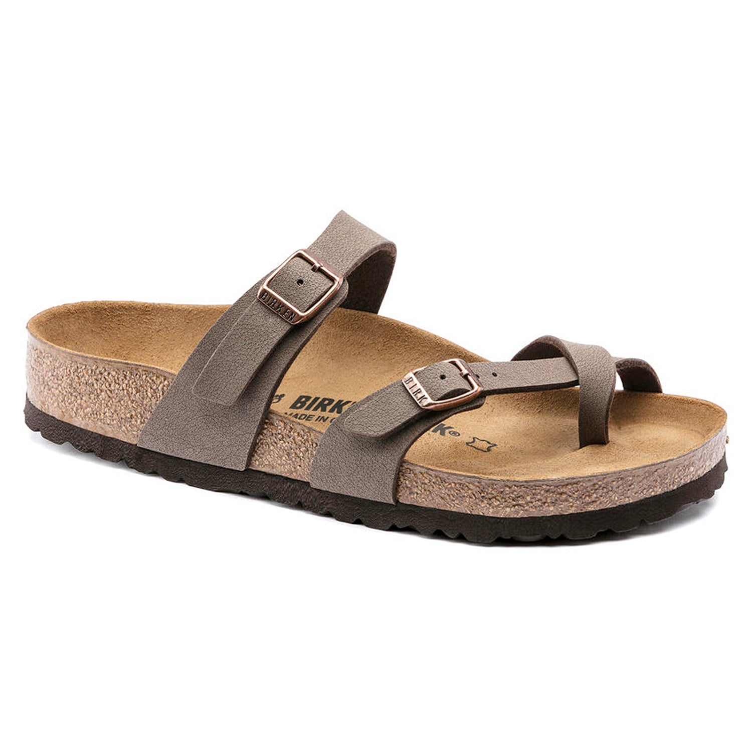 The Birkenstock Mayari Oiled Leather sandal for women in Mocha features a contoured footbed, cork sole, black rubber outsole, two adjustable buckle straps with a toe loop, and is shown on a white background. Inspired by the classic Birkenstock design.