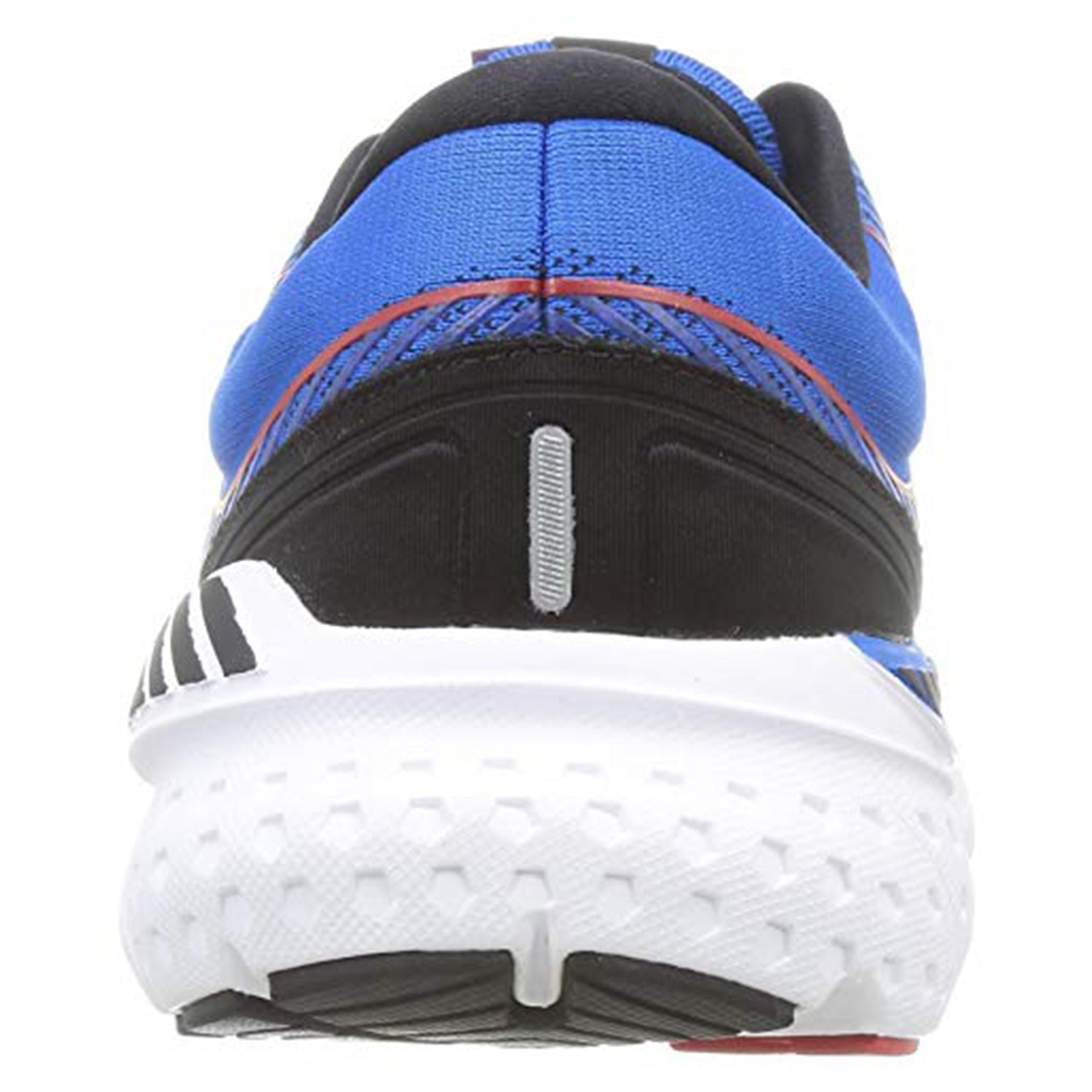 Rear view of the Brooks Transcend 7 - Men’s running shoe in blue, black, and white, featuring a textured white sole, cushioned support, reflective heel strip, and black/red accents for a plush fit.