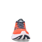 Front view of the Saucony Ride 15 - Womens running shoe in orange with dark gray laces, a mesh upper, white sole with black tread, and PWRRUN cushioning for comfort. The shoe is centered on a white background.