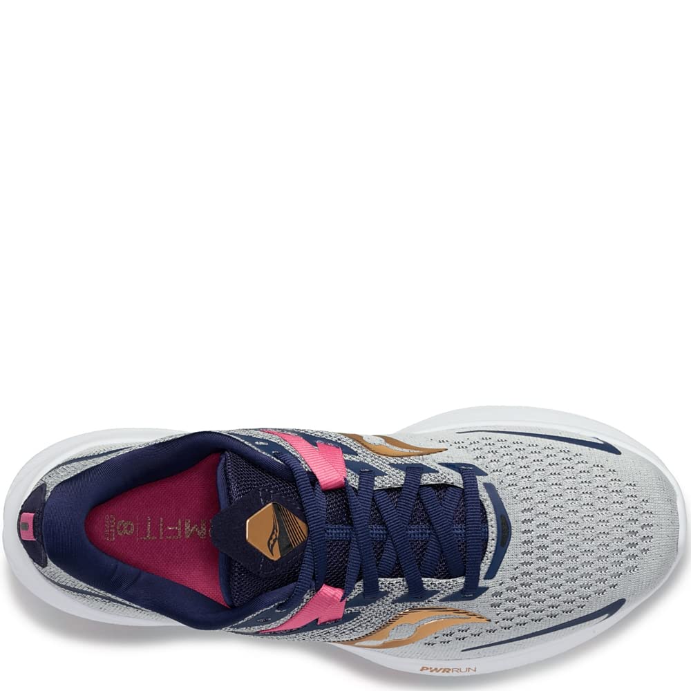 A top view of the Saucony Ride 15 - Womens running shoe shows a gray mesh upper, navy blue laces and accents, gold logo details, and a pink insole. Features include PWRRUN cushioning, a breathable design, and a white sole.