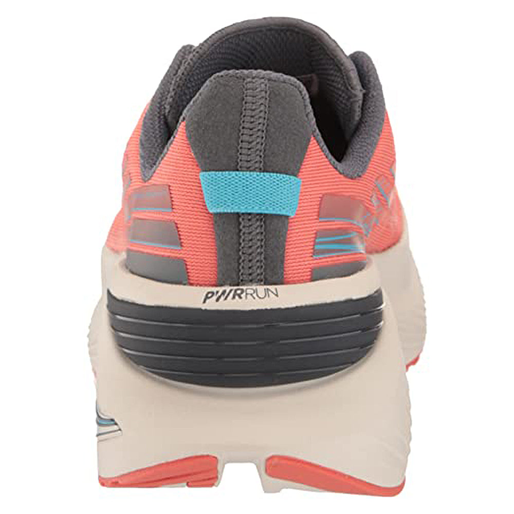 Rear view of the Saucony Guide 16 Running Shoe - Womens, featuring a coral upper, gray and blue heel accents, and a thick white PWRRUN-cushioned sole with gray lines for support.