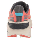 Rear view of the Saucony Guide 16 Running Shoe - Womens, featuring a coral upper, gray and blue heel accents, and a thick white PWRRUN-cushioned sole with gray lines for support.