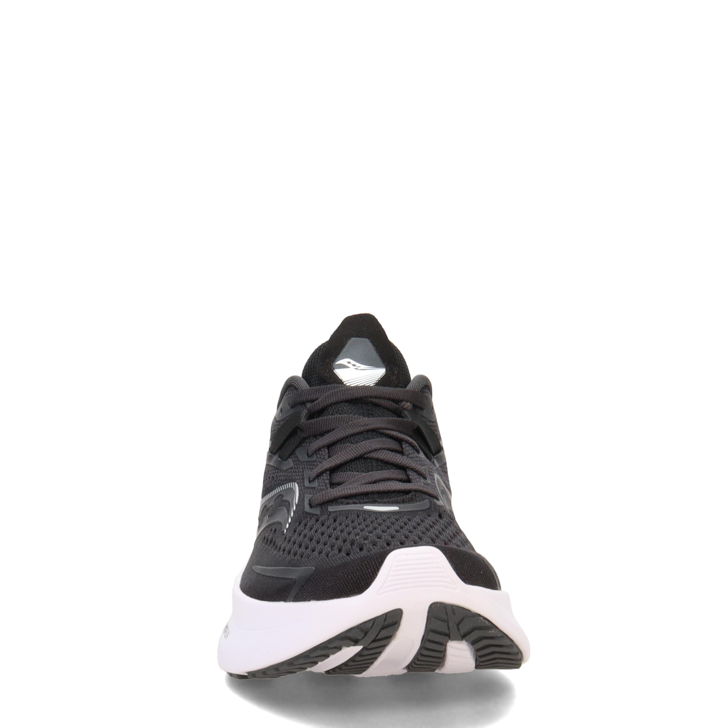 Front view of the Saucony Ride 15 - Womens running shoe, showing PWRRUN cushioning, black mesh upper, and white sole, set against a plain white background.