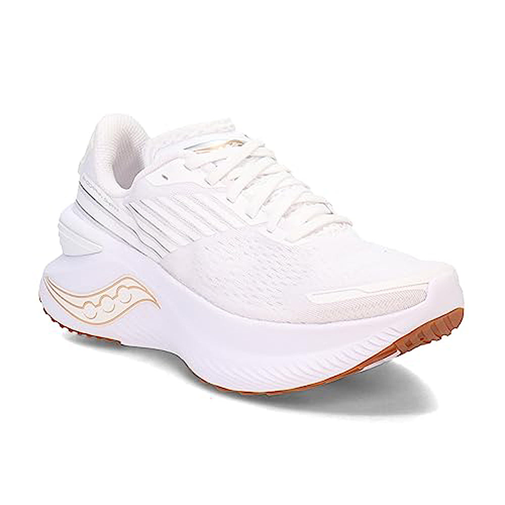 The Saucony Guide 16 Running Shoe - Womens is a white cushioned athletic shoe with a thick, textured sole and light brown outsole accents, shown at an angle on a plain white background.