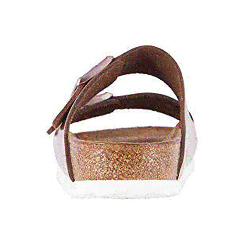 A rear view of the Birkenstock Arizona - Womens sandal in brown with double straps, cork footbed, and white sole, designed for orthopedic walking comfort—set against a plain white background.