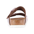 A rear view of the Birkenstock Arizona - Womens sandal in brown with double straps, cork footbed, and white sole, designed for orthopedic walking comfort—set against a plain white background.