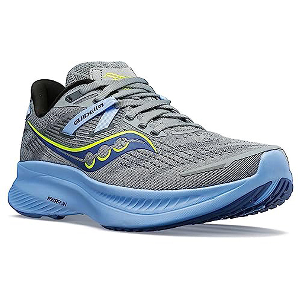 The Saucony Guide 16 Running Shoe - Womens is shown from a front-side angle in gray with light blue, blue, and yellow accents and features a thick cushioned support sole.