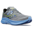 The Saucony Guide 16 Running Shoe - Womens is shown from a front-side angle in gray with light blue, blue, and yellow accents and features a thick cushioned support sole.