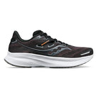 The Saucony Guide 16 Running Shoe - Womens features a black mesh upper, white sole, silver and orange accents, and a streamlined athletic design for cushioned support on every run.