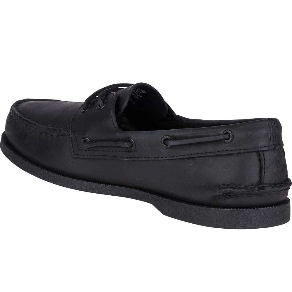 The Sperry A/O 2-Eye Leather mens boat shoe in black features visible stitching, side lacing, and a flat black rubber sole, shown from the back side angle.