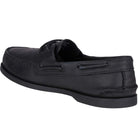 The Sperry A/O 2-Eye Leather mens boat shoe in black features visible stitching, side lacing, and a flat black rubber sole, shown from the back side angle.