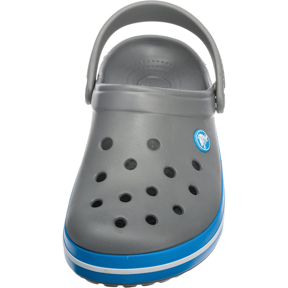 The Crocs Crocband Clog Seasonal Colors - Unisex features a gray upper, blue and white striped sole, ventilation holes, adjustable heel strap, and a circular side logo. Stylish and comfortable clogs for sale.
