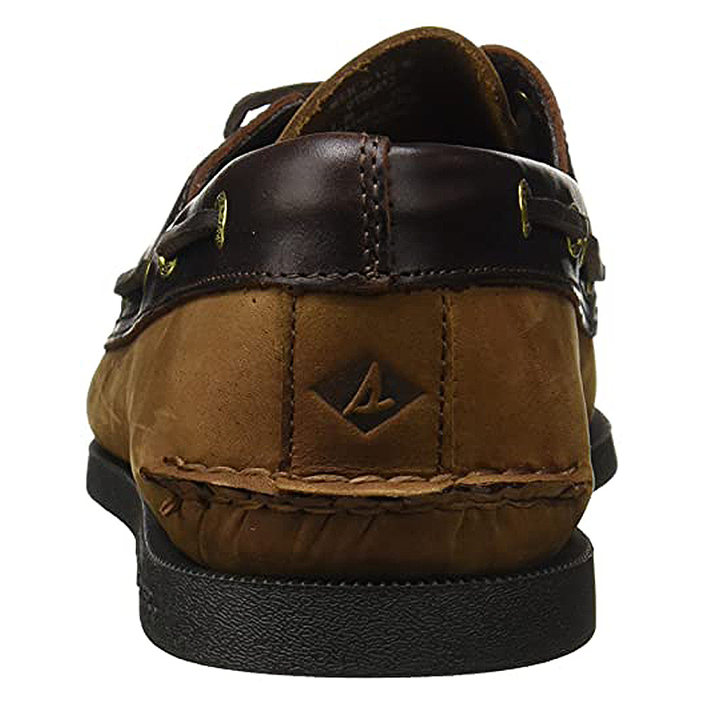 Rear view of the Sperry A/O 2-EYE LEATHER mens boat shoe in brown leather with dark brown trim, decorative stitching, a small triangular heel logo, and a black rubber sole for classic style and durability.