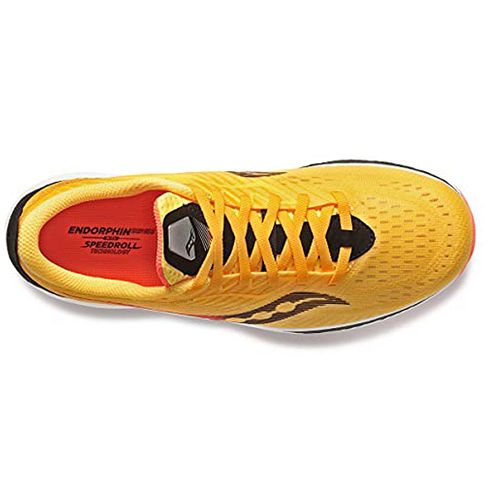 Top view of the Saucony Endorphin Speed 2 Running Shoe - Mens in yellow, featuring black laces, a black Saucony logo, and a red inner sole printed with “ENDORPHIN SPEEDROLL TECHNOLOGY.”.