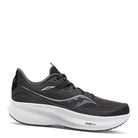 The Saucony Ride 15 - Men is a black and white running shoe with a mesh upper, lace-up closure, thick white “PWRRUN” sole, and side logo, offering a sleek, modern design and cushioned comfort.