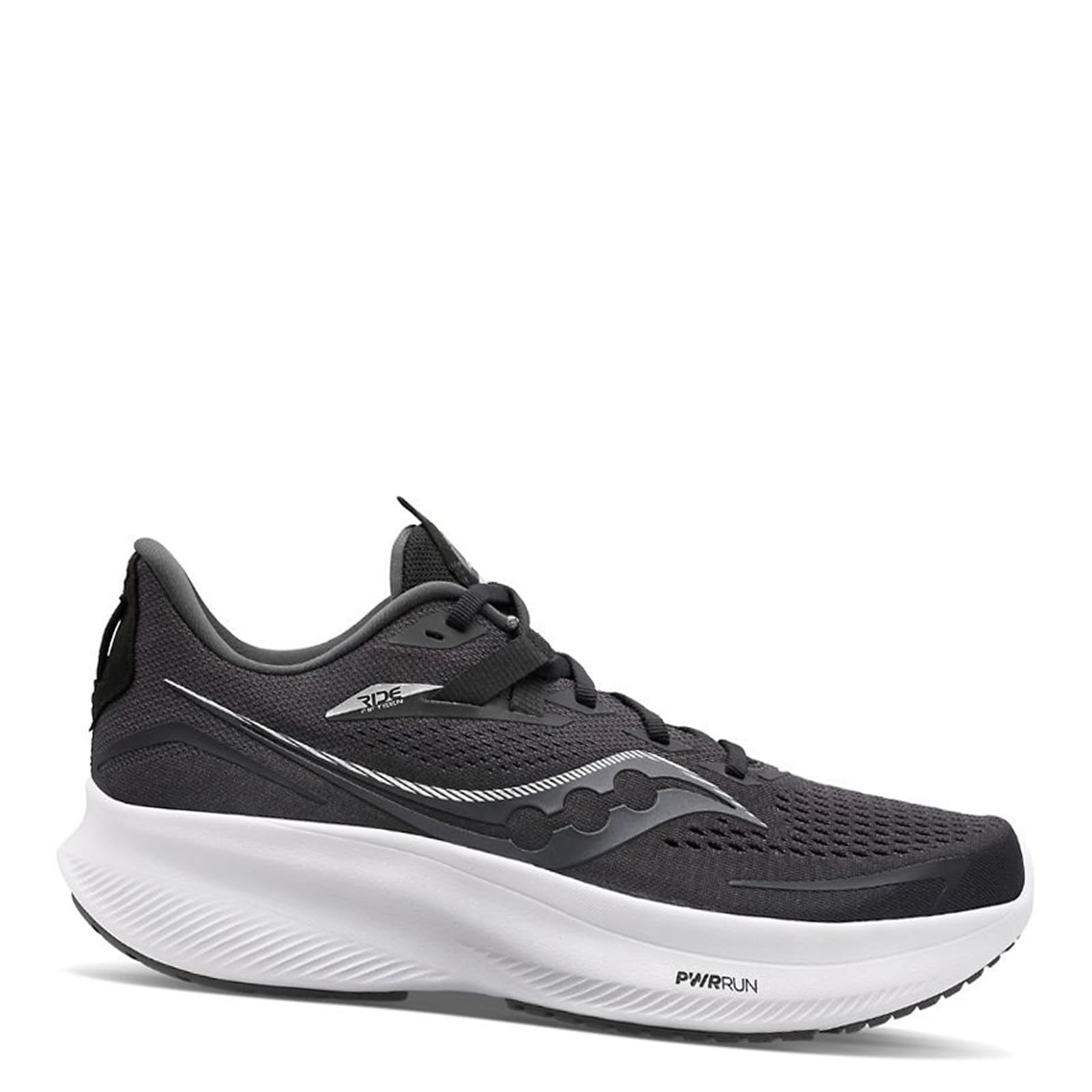 The Saucony Ride 15 - Men is a black and white running shoe with a mesh upper, lace-up closure, thick white “PWRRUN” sole, and side logo, offering a sleek, modern design and cushioned comfort.