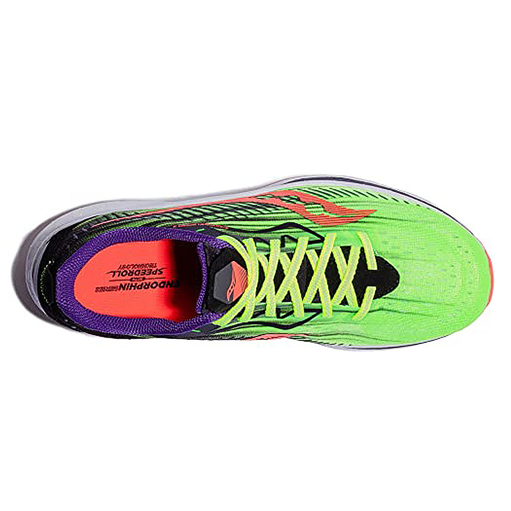 Top view of the Saucony Endorphin Speed 2 Running Shoe – Mens, featuring bright green mesh, yellow laces, black accents, purple tongue, red branding, and a white sole with SPEEDROLL technology for responsive performance.