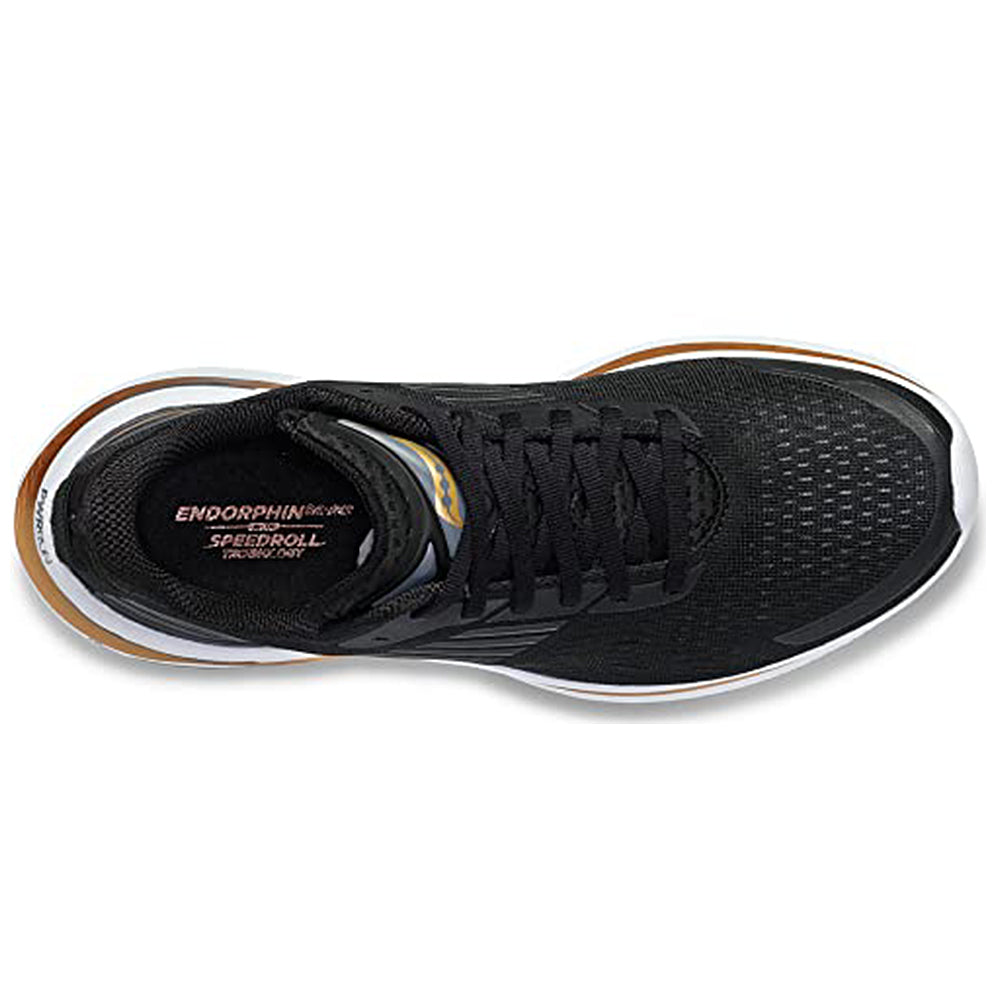 Top view of the Saucony Endorphin Shift 3 - Men, a black running shoe with black laces, white and tan sole, PWRRUN foam cushioning, and ENDORPHIN SPEEDROLL TECHNOLOGY text inside.
