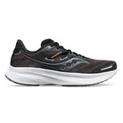 The Saucony Guide 16 Running Shoe for men features a black and gray design with a white sole, orange logo, cushioned support, black laces, and a breathable mesh upper for comfort.