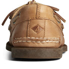 Close-up of the back of a brown Sperry A/O 2-EYE LEATHER mens boat shoe, showcasing visible stitching, a raised logo, and laces against a white background.