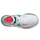 Top view of the Saucony Guide 16 Running Shoe - Womens, featuring green and pink accents, white laces, cushioned support, a gray sole, a pink tongue with black text, and a breathable perforated upper.