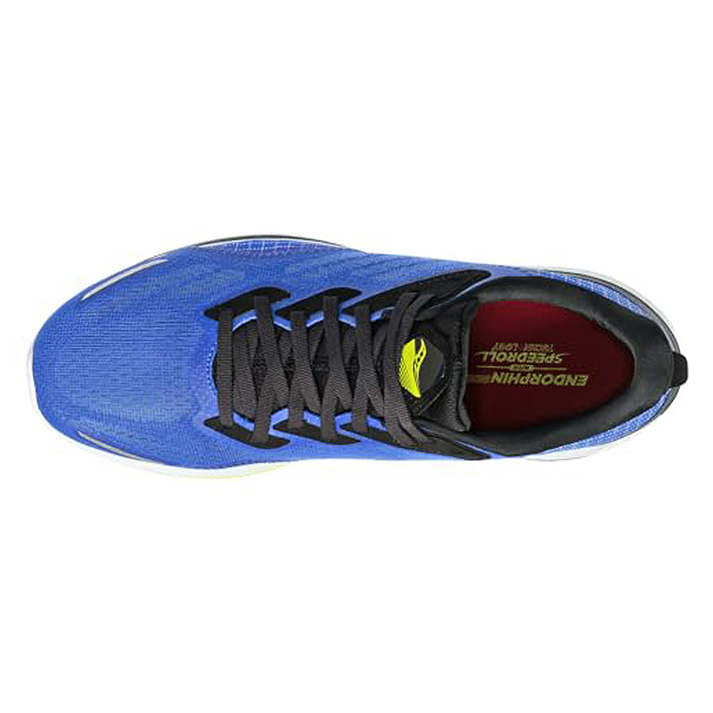 Top view of the Saucony Endorphin Speed 2 Running Shoe - Mens, featuring black laces, a yellow insole with Endorphin SPEEDROLL tech, and a sleek design with a black interior and white midsole.