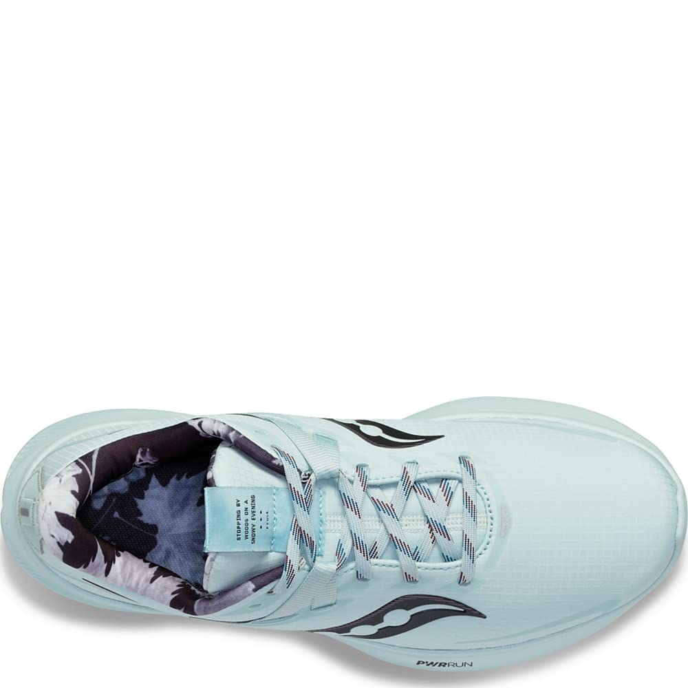 Top view of the Saucony Ride 15 - Womens running shoe in light blue with white laces, a black side logo, black and white patterned inner lining, and plush PWRRUN cushioning for superior comfort.