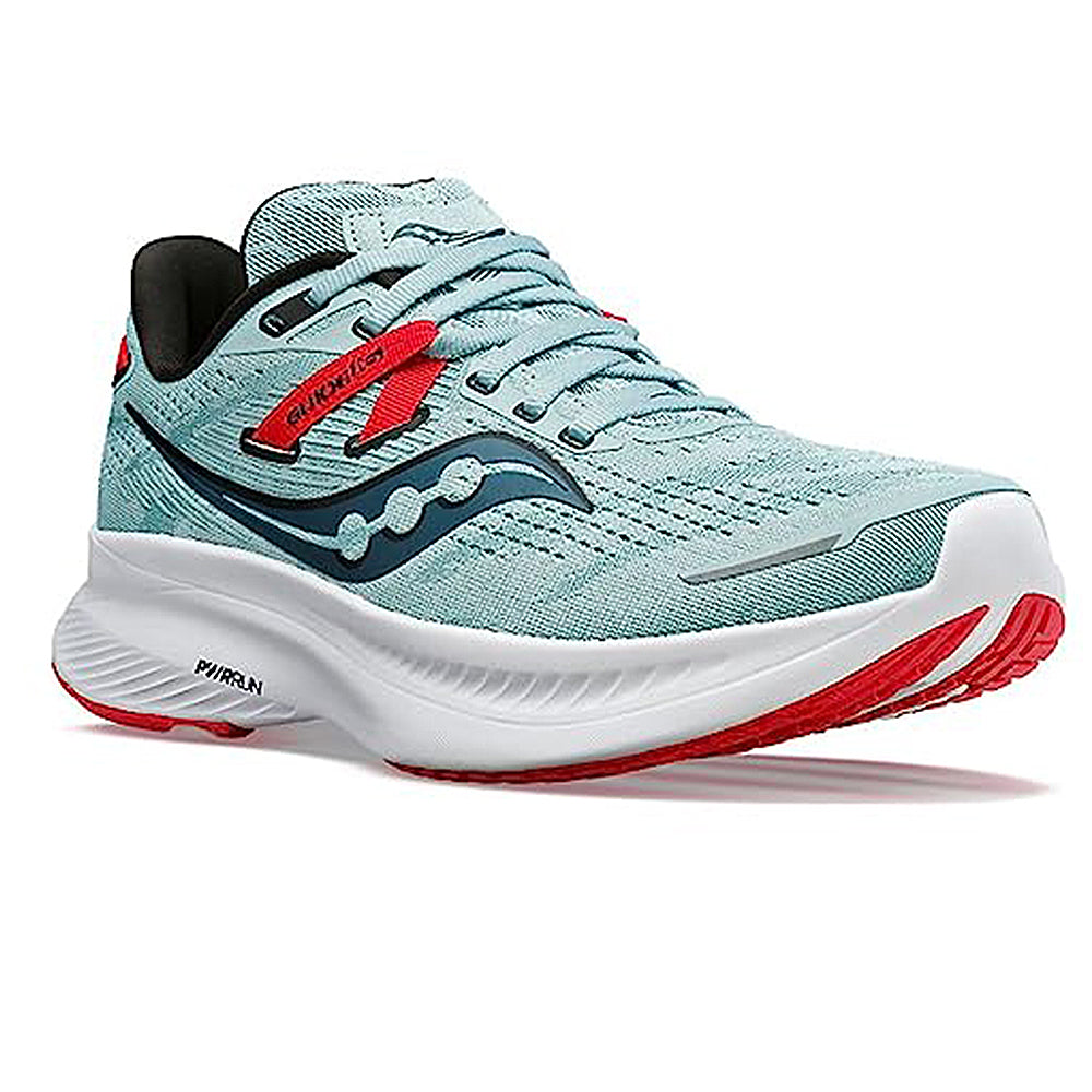 The Saucony Guide 16 Running Shoe - Womens is shown at an angle on a white background, featuring light blue mesh for breathability, cushioned support, navy and red accents, a white sole, and red tread.