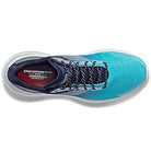 Top view of the Saucony Endorphin Shift 3 Running Shoe - Mens, featuring black and white laces, a navy interior, white sole, “Endorphin Speedroll Technology” text inside, and responsive PWRRUN foam cushioning.