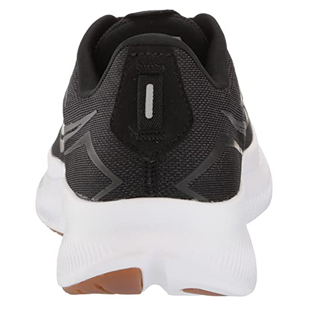 Rear view of the Saucony Ride 15 - Womens: black mesh upper, white sole, small reflective strip on the heel, and a brown outsole tip.