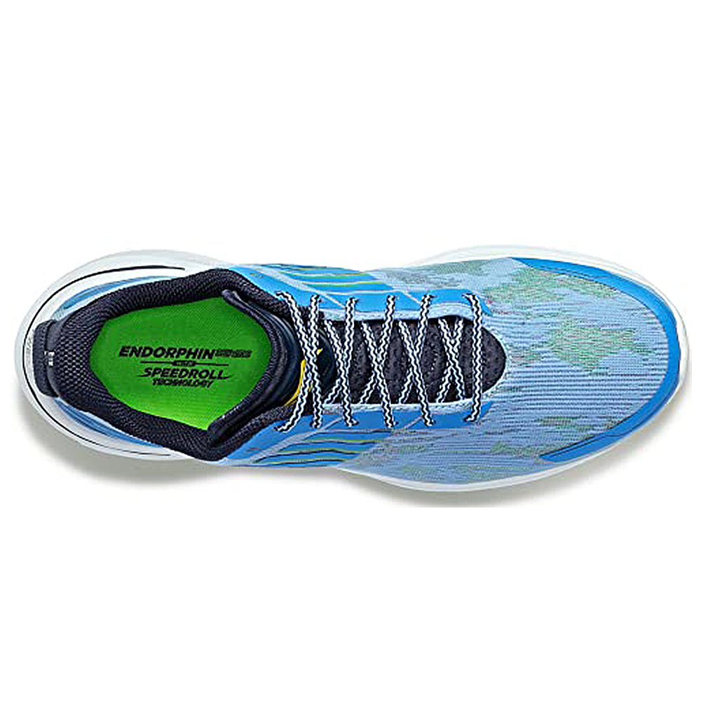 Top view of the Saucony Endorphin Shift 3 Running Shoe - Mens, showing white and blue laces, green insole with Endorphin Speedroll Technology, PWRRUN foam sole, and a light blue and teal mesh upper.