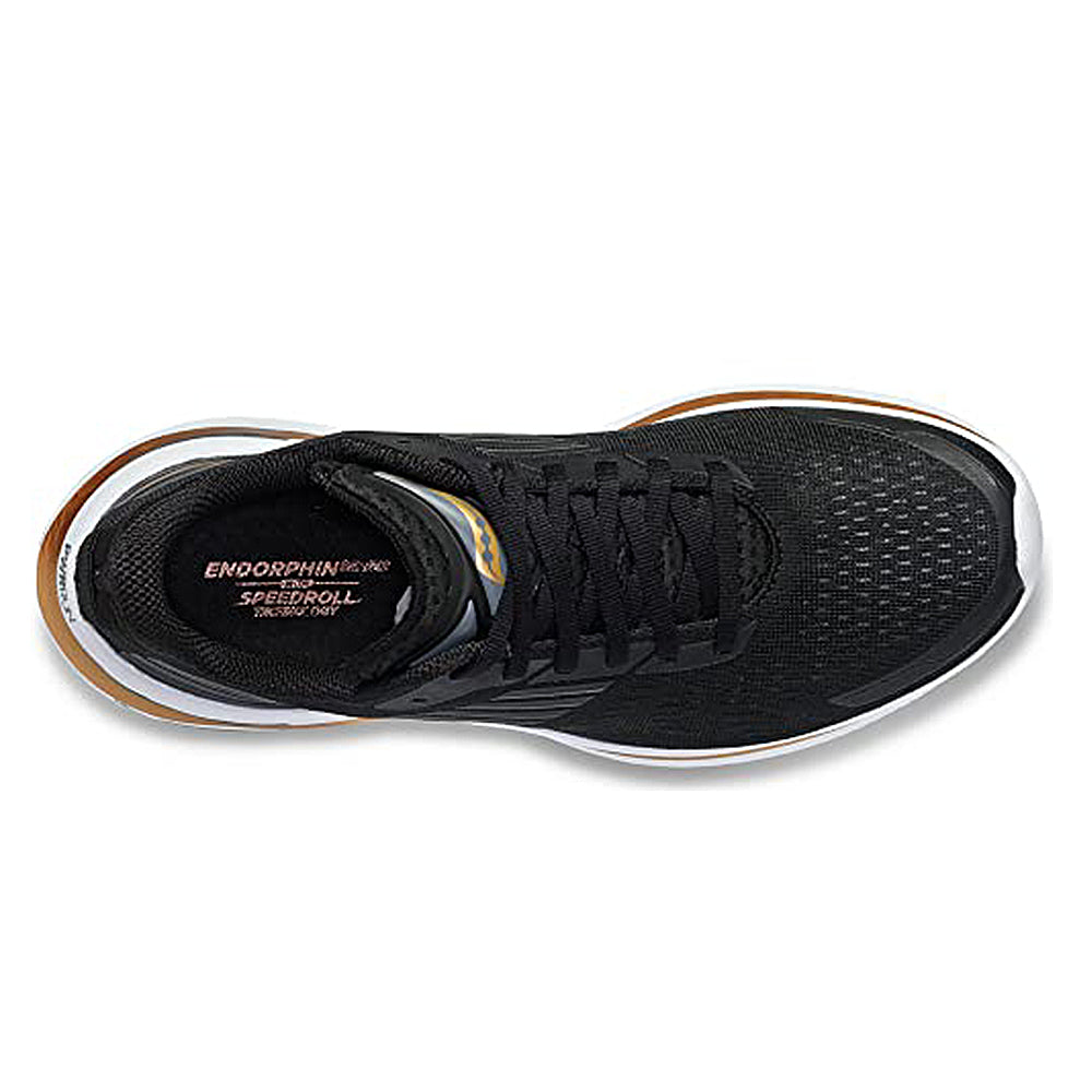 Top view of the Saucony Guide 16 Running Shoe - Mens, featuring black laces, a white sole with brown and gray accents, and the ENDORPHIN SPEEDROLL text visible on the insole.