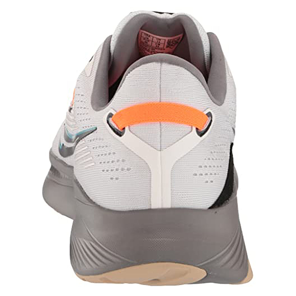 A rear view of the Saucony Guide 16 Running Shoe - Mens shows an orange pull tab, light gray upper, thick dark gray sole, textured heel patterns, and subtle ventilation holes for a cushioned ride.