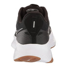 Rear view of the Saucony Guide 15 - Men: a black running shoe featuring a cushioned white midsole, durable brown rubber outsole, and a reflective vertical heel strip for lightweight support.