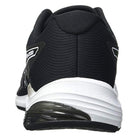 Rear view of the ASICS GEL-PULSE 12 - Mens in black, showing a white and black sole, textured fabric, subtle side and heel details, and comfort-enhancing GEL technology.