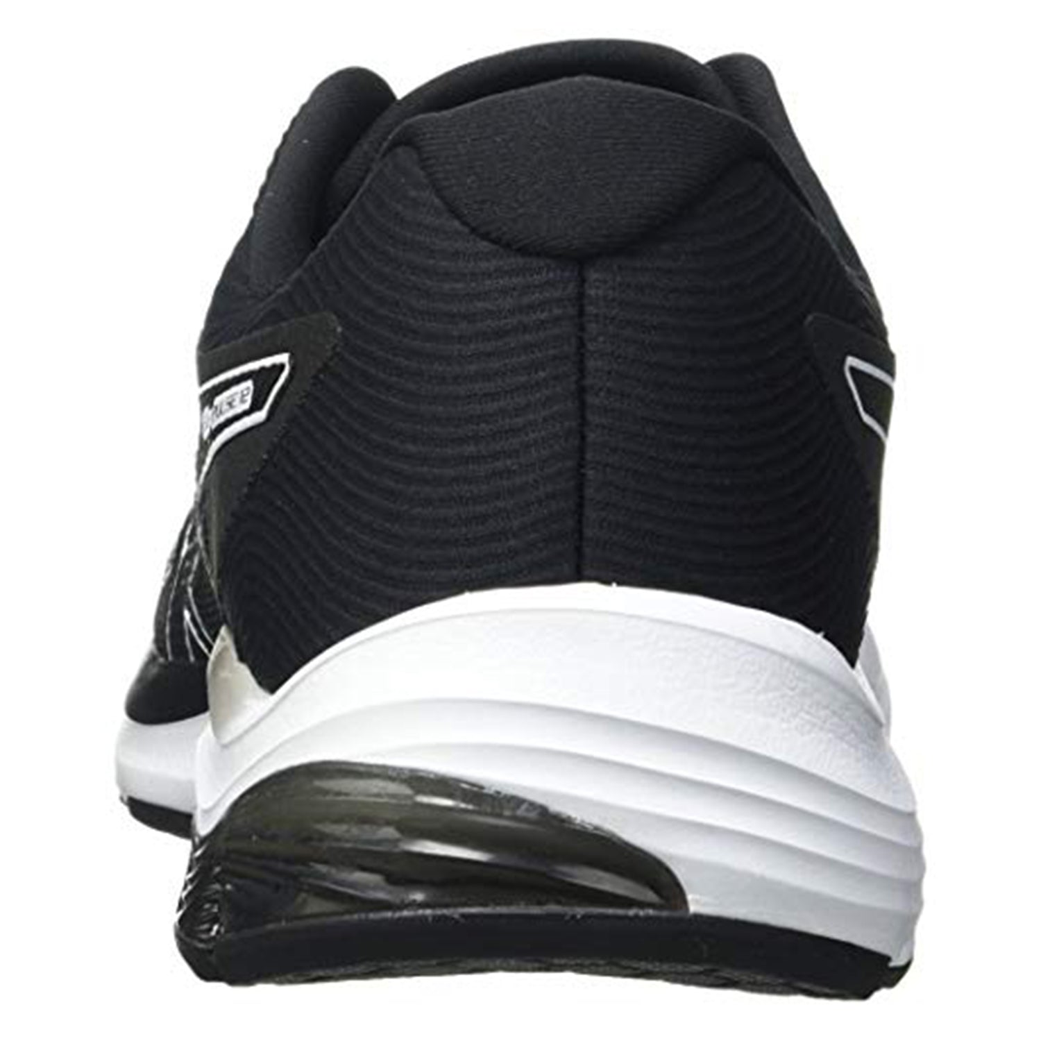 Rear view of the ASICS GEL-PULSE 12 - Mens in black, showing a white and black sole, textured fabric, subtle side and heel details, and comfort-enhancing GEL technology.