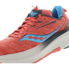 A close-up of the Saucony Echelon 9 Running Shoe - Womens in red with blue and black accents, seamless upper, thick white and gray sole, PWRRUN cushioning, and a bold blue Saucony logo on the side.