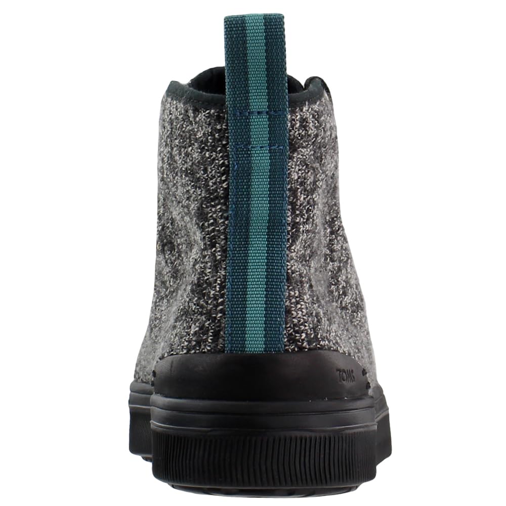 Back view of the TOMS Alpargata ESP - Women sneaker in gray with textured fabric, black sole, a teal fabric pull tab on the heel, and featuring TOMS signature buy one give one promise.