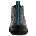 Back view of the TOMS Alpargata ESP - Women sneaker in gray with textured fabric, black sole, a teal fabric pull tab on the heel, and featuring TOMS signature buy one give one promise.