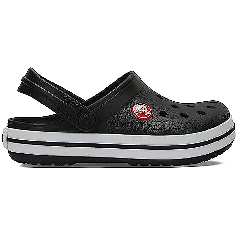 The Crocs CrocBand Clog - Unisex features a black design with a white-striped sole, ventilation holes, a red Crocs logo, and heel strap. It offers lightweight cushioning, Crocs Comfort, and is water-friendly for secure everyday wear.