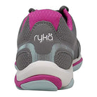 A close-up rear view of the Ryka Influence - Women’s workout shoe in gray and pink with a white logo on the heel, teal and white accents on the sole—perfect as a lightweight cross-trainer.