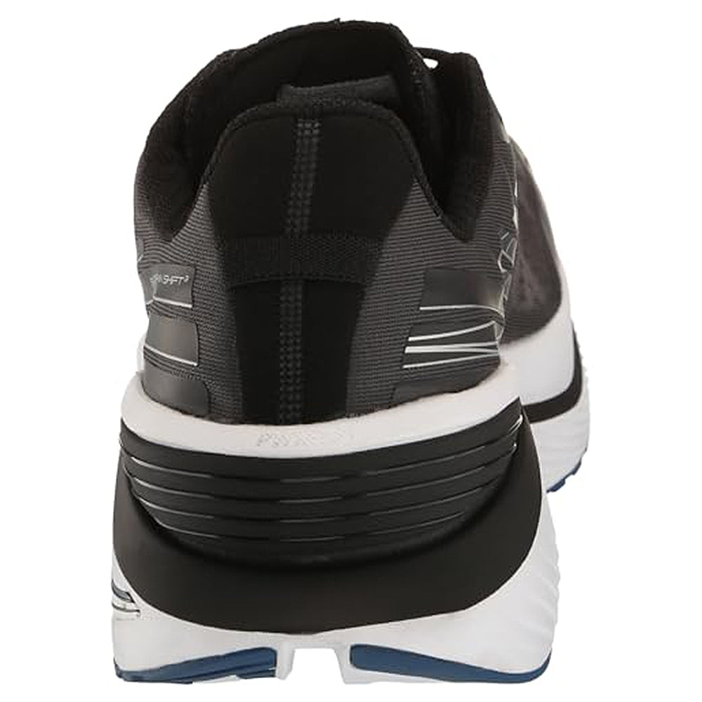 Rear view of the Saucony Endorphin Shift 3 Running Shoe - Mens in black and gray, featuring a white and blue sole, enhanced heel support, and a cushioned PWRRUN foam midsole.