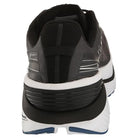 Rear view of the Saucony Endorphin Shift 3 Running Shoe - Mens in black and gray, featuring a white and blue sole, enhanced heel support, and a cushioned PWRRUN foam midsole.