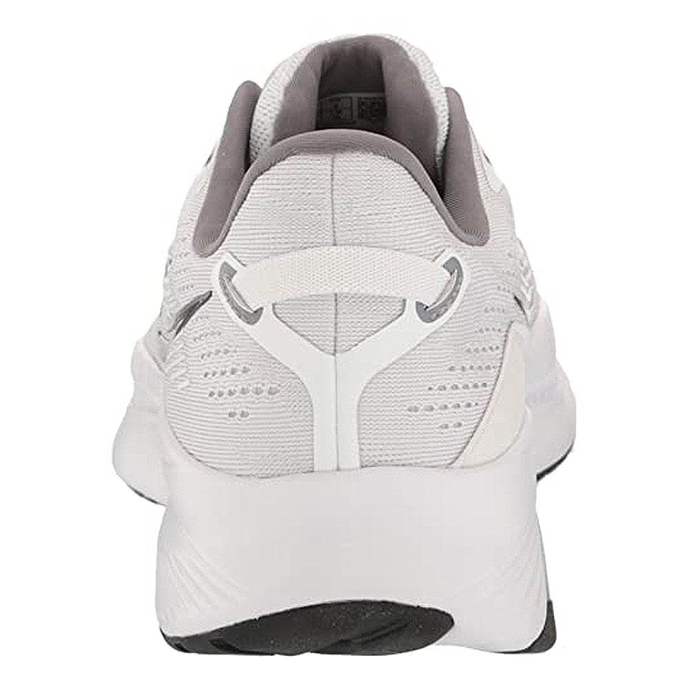 Rear view of Saucony Guide 16 - Men: a white athletic sneaker with gray accents, mesh upper, thick white sole with black heel tread, and PWRRUN foam for cushioned support and comfortable runs.